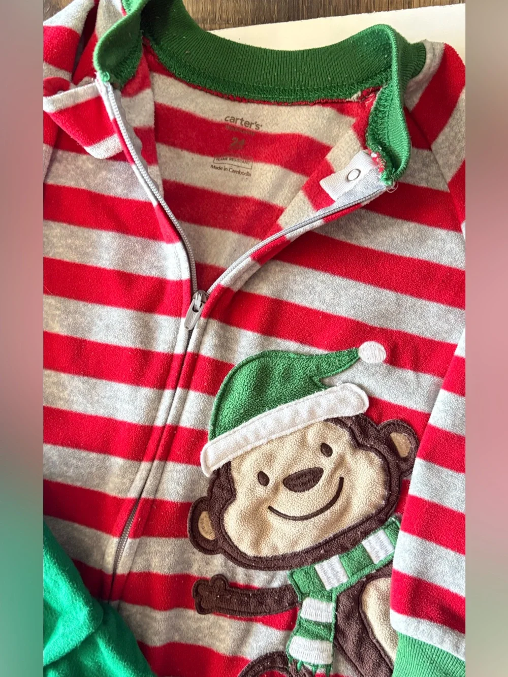 Carter's Green Bodysuit & Red-White Striped Monkey Footed Pajamas